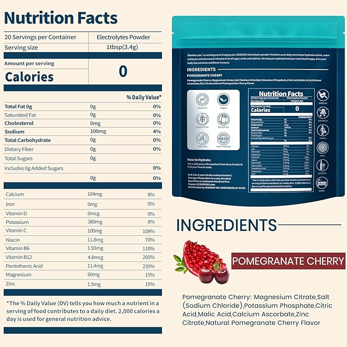 Electrolytes Powder Packets Sugar Free Hydration Packets, Liquid Daily IV Electrolyte Drink Mixex for Rehydration with Electrolytes, Vitamins, 0 Calorie, Cherry Pomegranate 20 Sticks