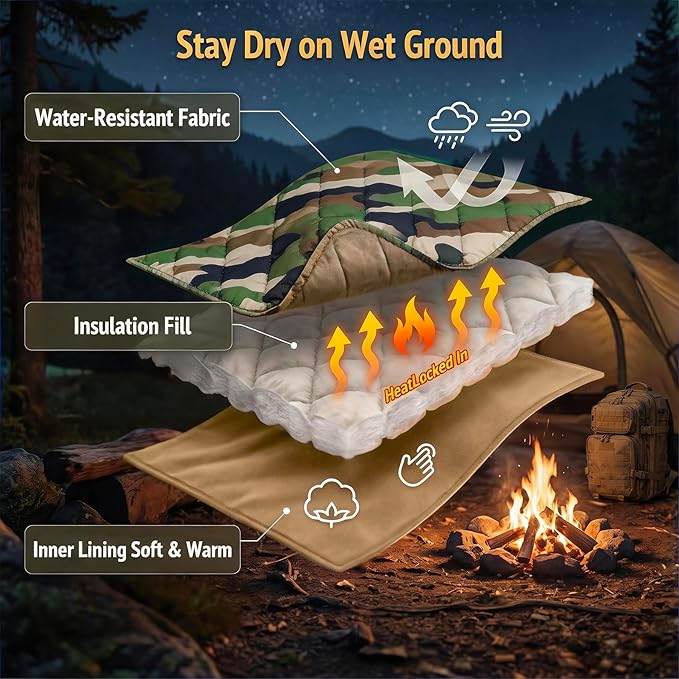 Insulated Camping Blanket | Military Poncho Liner for Hiking Backpacking Travel Hunting & Survival Gear, Water Resistant Outdoor Blanket with Lightweight & Packable Compression Bag (Forest)