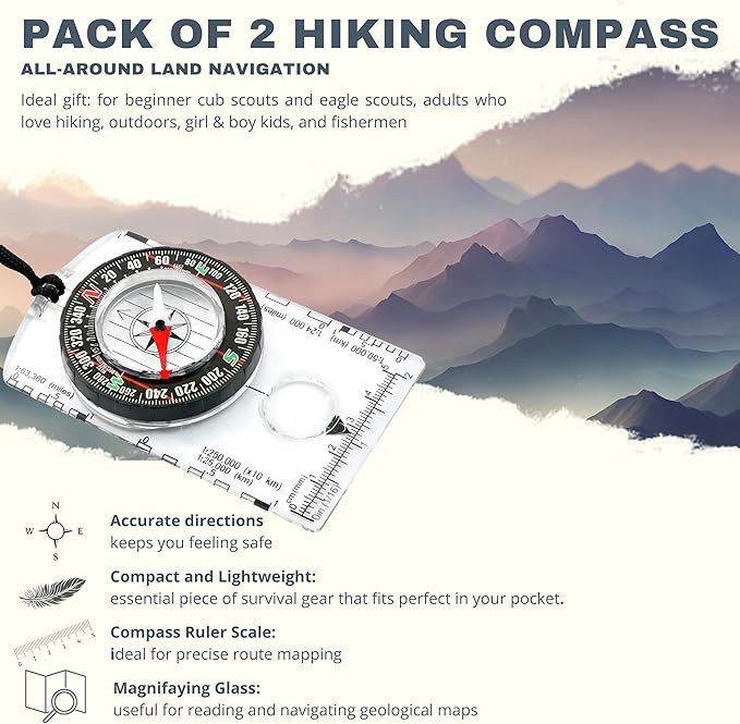 Trekker's Compass Crew Orienteering Compass, Pack of 2, Magnetic Navigation Set for Hiking, Camping, Backpacking, Scout Activities