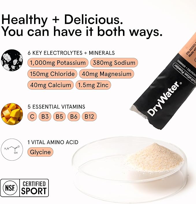 DryWater Electrolyte Powder Packets, Peach Mango - Hydration Packets Drink Mix with Zero Added Sugar for Rehydration & Energy - 6 Key Electrolytes, 5 Essential Vitamins & 5 Real Fruits - 12 Pack