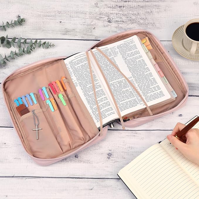 FINDCOZY Bible Cover for Women, Durable Carrying Book Case Church Bag for Biblical Accessories with Handle and Zippered Pocket, for Scriptures, Pink