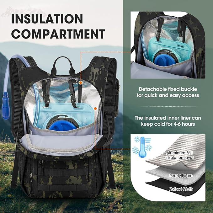 RAINSMORE Tactical Hydration Backpack 18L with 2L Water Bladder & Rain Cover, Insulated Molle Hiking Daypack, Lightweight Waterproof Ripstop Water Pack for Outdoor Cycling, Hiking
