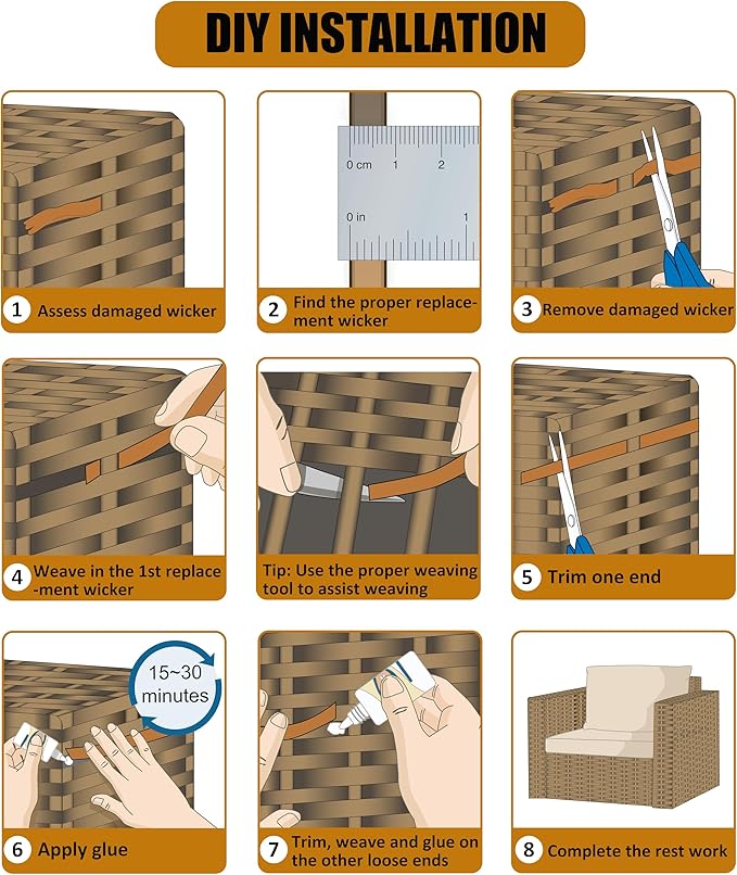130 Ft Plastic Wicker Repair Supplies, Wicker Repair Kit, Synthetic Rattan Material for Patio Chair Repair Flat Wicker Furniture Repair Replacement (Light Wood Grain)
