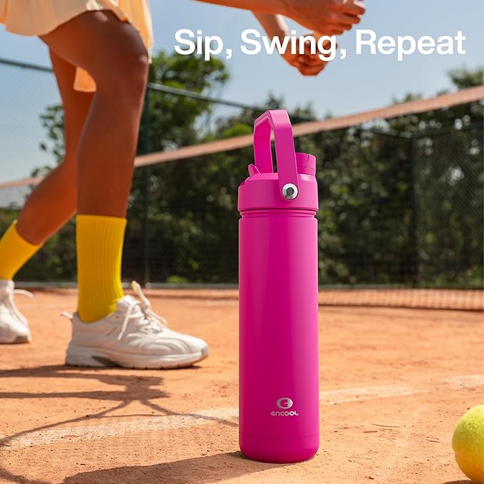 ENCOOL Insulated Water Bottle with Straw Stainless Steel Water Bottle, Leak-Proof, BPA-Free, Double Wall Vacuum Keeps Cold for 24 Hours for Sports, Travel, School (32 oz, Persian Rose)