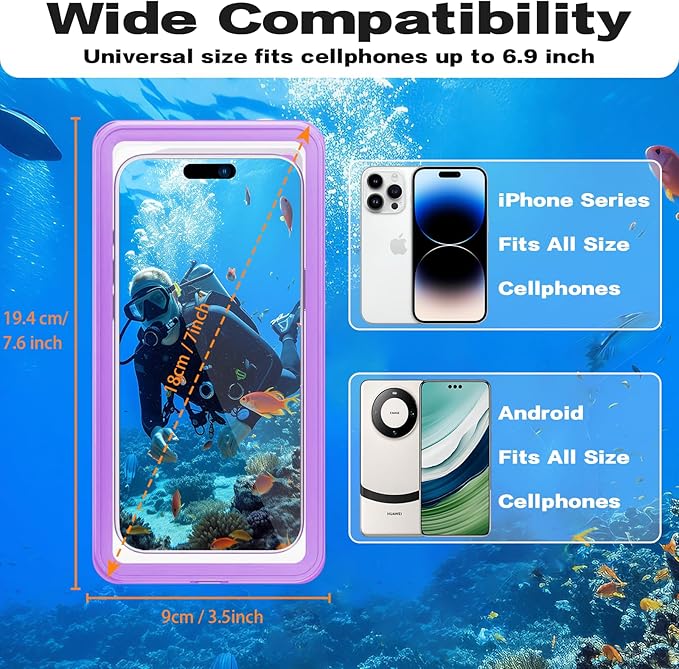 Waterproof Phone Case, Underwater Phone Cases for Snorkeling, IPX8 Diving Case, 360 Full Body Protection for iPhone 16 Pro Max/15/14/Galaxy S24, Up to 6.9 Inch, Beach Cruise Essentials (Purple)
