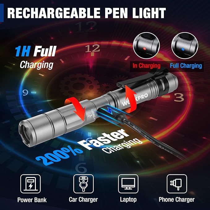 WORKPRO Rechargeable Pen Light, Mini Flashlight, 2 Pack Ultra-Compact EDC Flashlight, Pocket Flashlight with Clip, Memory Function and 2 x USB C Cable Included, Gray
