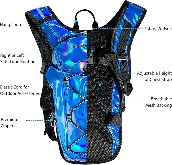 Reflective Hydration Backpack, Hydration Pack - Water Backpack with 2L Hydration Bladder, Essential for Festivals - Rave Hydration Pack for Hiking, Running, Cycling, and Festivals