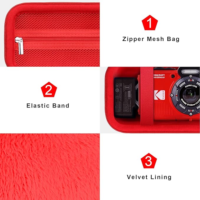 Canboc Carrying Case for Kodak PIXPRO WPZ2 Rugged Waterproof Digital Camera, Underwater Photography Camera Bag, Mesh Pocket fits USB Cable, Battery, Adapter, Red (Case Only)