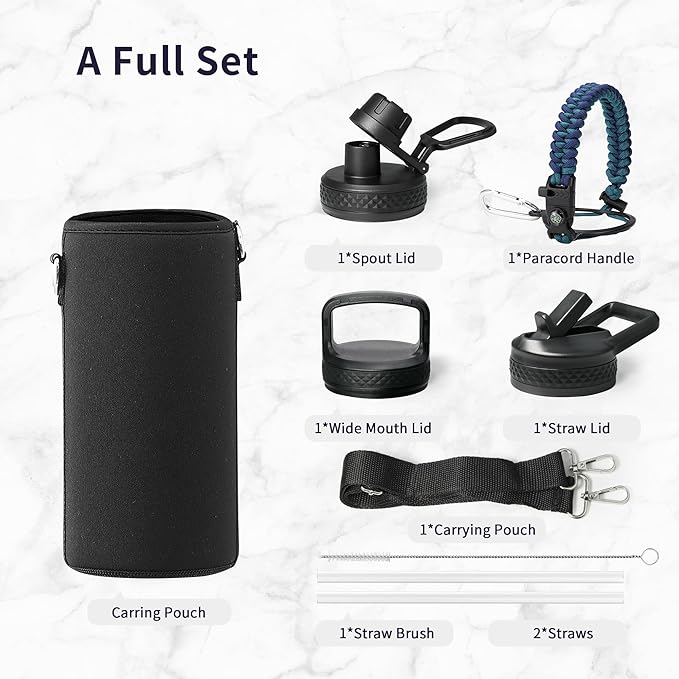Trebo 32 oz Water Bottle Insulated with Paracord Handle and Straw, Vacuum Triple Wall Stainless Steel Water Jug Keep Cold 48 Hours, Water Flask with 3 Lids for Men women Sports Travel gift, Cyan Blue