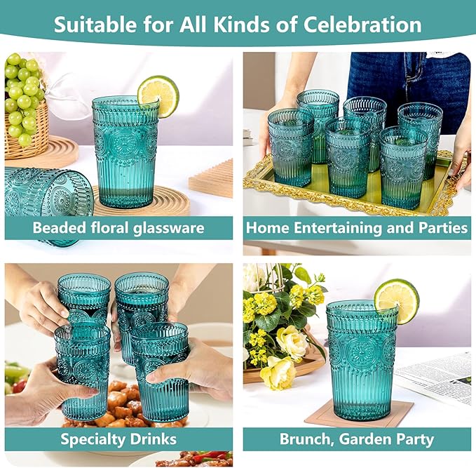 Ciaell 12 Pack Romantic Plastic Water Glasses - 14 Oz Green Vintage Drinking Glasses, Embossed Ribbed Plastic Cups, Textured Striped Set for Juice, Beverages, Beer, Cocktail，St. Patrick's Day