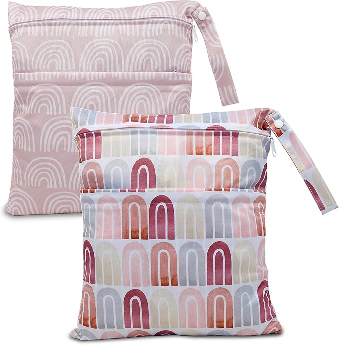 2pcs Cloth Diaper Wet Dry Bags Waterproof Reusable with Two Zippered Pockets Travel Beach Pool Daycare Soiled Baby Items Yoga Gym Bag for Swimsuits or Wet Clothes-Pink Rainbows