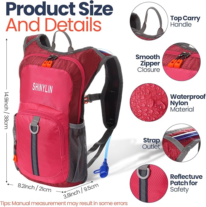 Shinylin 2 Pcs Kids Hydration Backpack with 1.5L Water Bladder Lightweight Kids Hiking Backpack Water Rucksack for Boys Girls Climbing Running