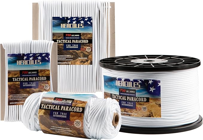 HERCULES 750lb Paracord 4mm 11 Strands Tactical Parachute Cord, 50' 100' 250' 1000' Utility Rope for Camping, Survival, Outdoor Gear (White, 1000FT)