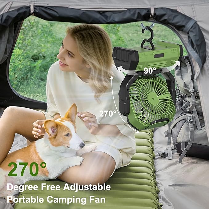 Honesorn Portable Rechargeable Fan 20000mAh, Camping Fan with LED Light & Remote, USB C Cordless Battery Powered, 4 Speeds Timer Hanging Hook for Travel Tent Outdoor Essentials - Green