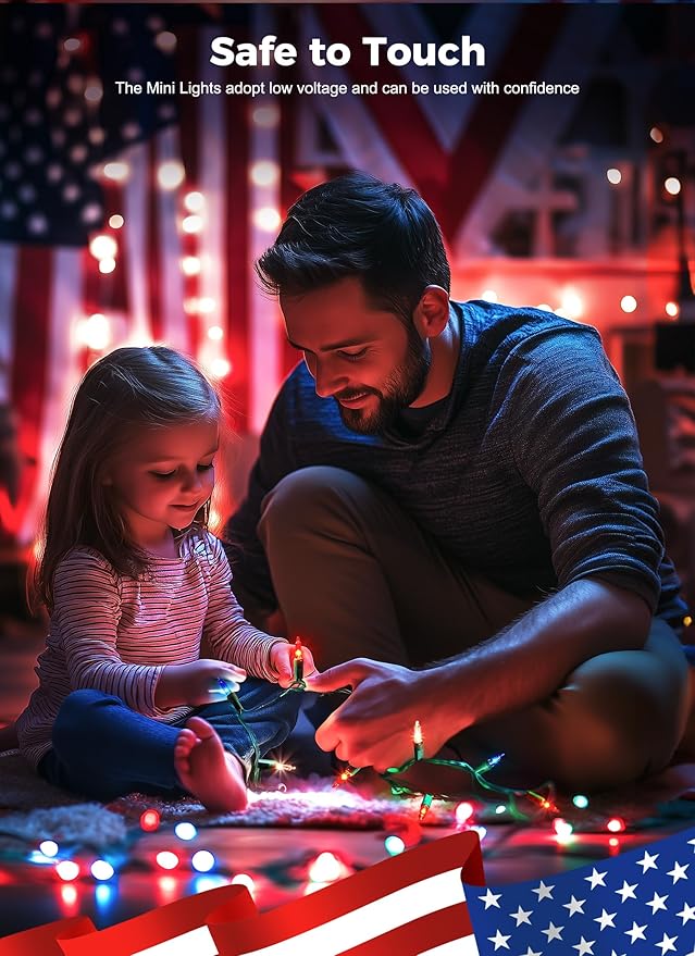 Red White Blue Mini Christmas Lights, 50 Count 4th July Decoration Patriotic Mini String Lights, 13ft Waterproof Lights for Indoor Outdoor Xmas Holiday Party Patio Independence Day Decor, Green Wire