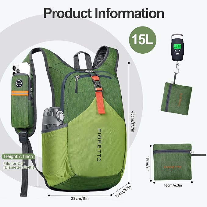 FIORETTO 15L Hiking Backpack for Women Men Mini Packable Backpack Lightweight Small Daypack for Camping Travel Outdoor, Green