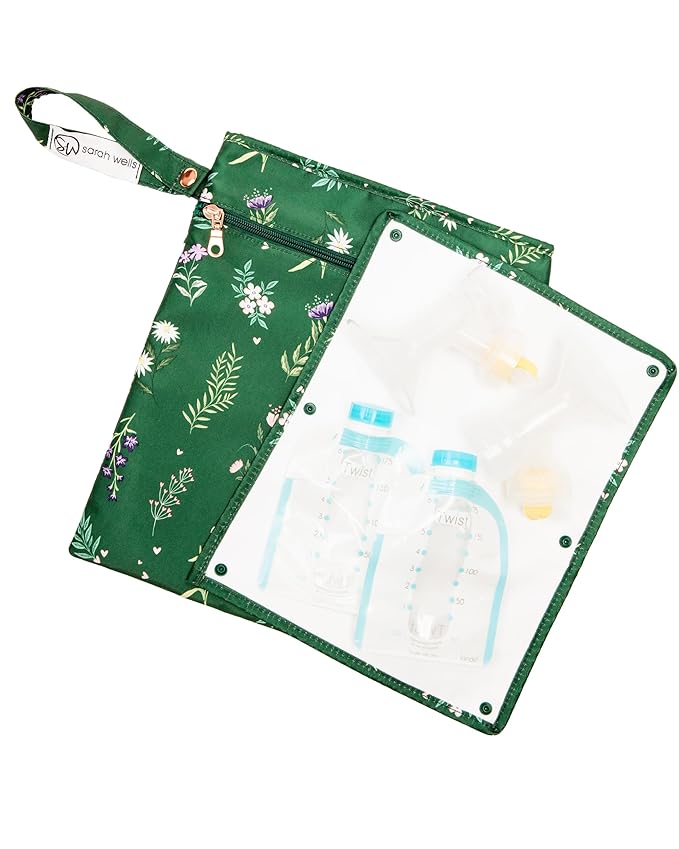 Sarah Wells Pumparoo Wet Dry Bag for Breast Pump Parts – Compact Organizer with Waterproof Pocket, Staging Mat & Fridge Hack – Machine Washable Pumping Accessory (Olive You)