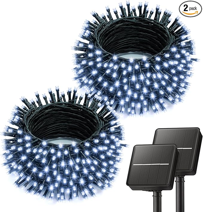 Brightown Solar String Lights Outdoor, 2 Pack Total 80FT 200 LED Solar Powered String Lights Waterproof with 8 Modes, Auto On/Off, Patio Lights for Outside Tree Garden Balcony Party Decor (Cool White)