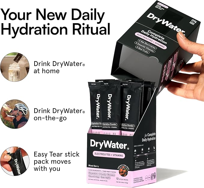 DryWater Electrolyte Powder Packets, Mixed Berry - Hydration Packets Drink Mix with Zero Added Sugar for Rehydration & Energy - 6 Key Electrolytes, 5 Essential Vitamins & 5 Real Fruits - 12 Pack