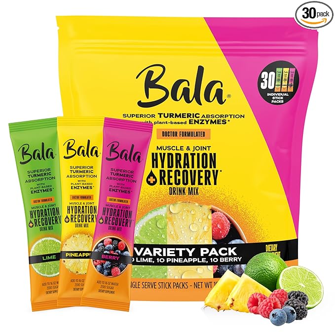 Bala Total Body Wellness Drink Mix, Hydrate & Recover Variety Pack, Pineapple, Lime & Berry, 10 Per Flavor, Zero Sugar Electrolytes Powder Packets with Enzymes & Amino Acids, Turmeric Drink, 30 Sticks