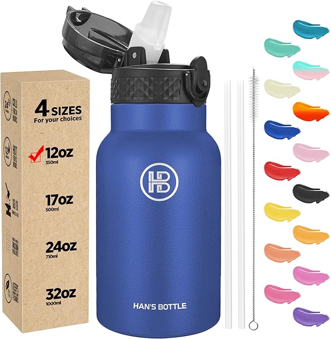 Han's Bottle Kids Water Bottle with Straw Lid - Insulated Stainless Steel Reusable Tumbler for Girls,Boys,Thermo Mug,12oz,Navy Blue