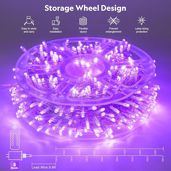 JMEXSUSS 400 LED Purple Christmas Lights Indoor Outdoor, 132 ft String Lights Plug in with Remote, 8 Modes Purple Christmas Tree Lights for Garden Patio Party Christmas Decoration