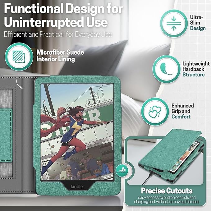 TNP Stand Case with Strap for Kindle Paperwhite 12th Gen 2024 / Kindle Colorsoft Signature Edition - 7" PU Leather Protective Folio Cover with Auto Wake/Sleep & Card Slot, Green