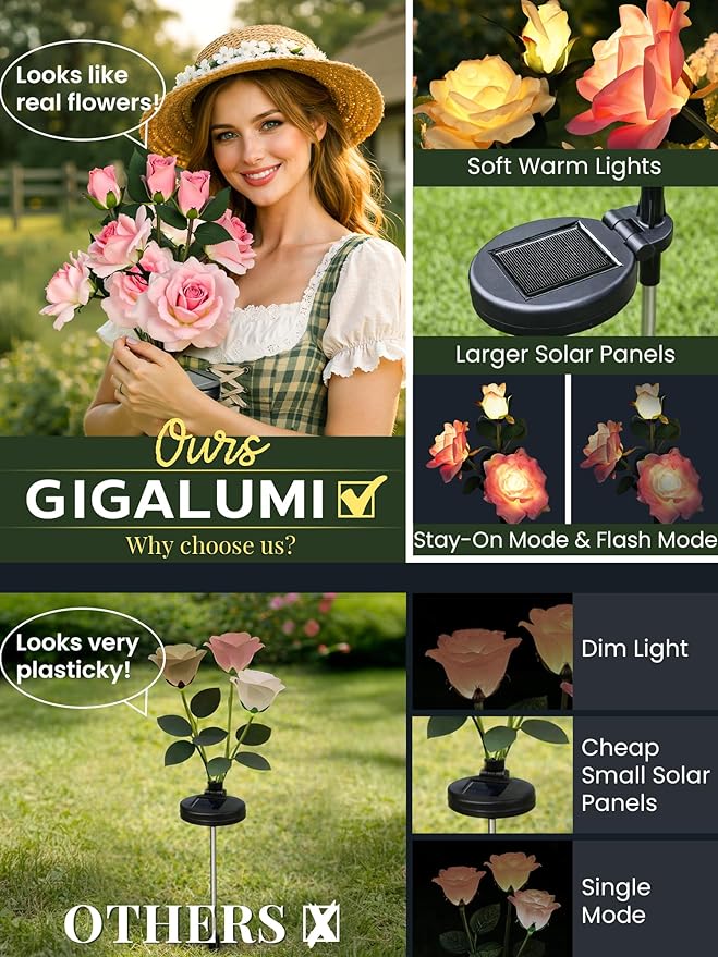 GIGALUMI Solar Lights Outdoor for Garden Decor, 3 Pack Solar Flower Lights Waterproof, 2 Lighting Modes 9 Roses for Pathway,Yard, Patio Decoration, Gardening Gifts for Women (Pink)