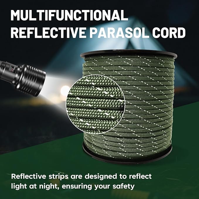 SDHUATUO Paracord Rope 100FT, 550lb Type III Nylon Parachute Cord 7-Strand Core with Reflective Strips, Utility String for Survival, Camping Gear, Hiking, DIY, Crafting, Outdoor, ArmyGreen