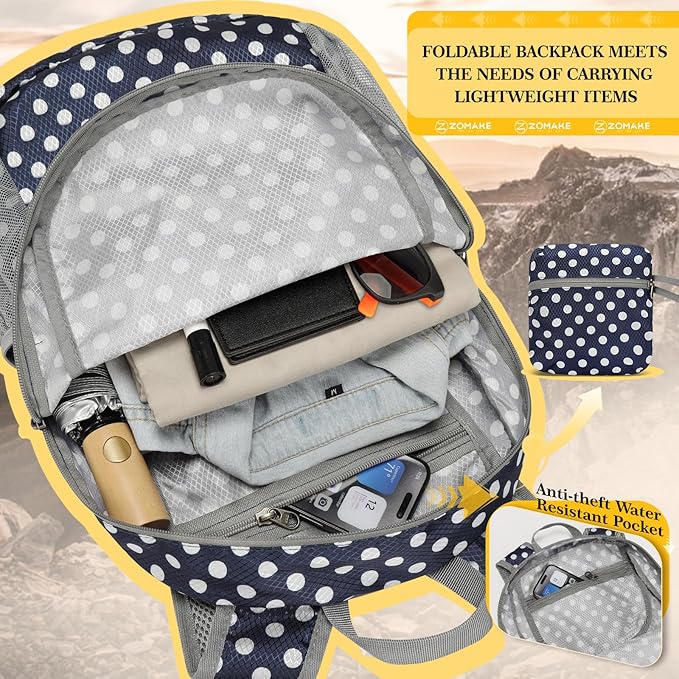 ZOMAKE Ultra Lightweight Hiking Backpack 20L, Packable Small Backpacks Water Resistant Daypack for Women Men(Navy Blue,White polka dots)