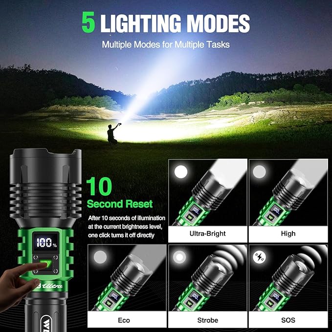 WdtPro Rechargeable LED Flashlights High Lumens, Super Bright 90000LM Rechargeable Flashlight with LCD Display, 5 Modes & Waterproof Powerful 10000mAh 30H Flashlight for Camping Emergency Green