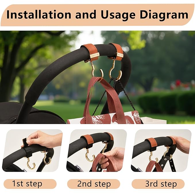 2 Pack Stroller Hooks,Strong Synthetic Leather Hook-and-Loop Fastener&High-Quality Metal Hooks,Universal Bag Clip|360° Rotation, 66lb Capacity,Non-Slip-Fits Wheelchair(Brown-Silver)