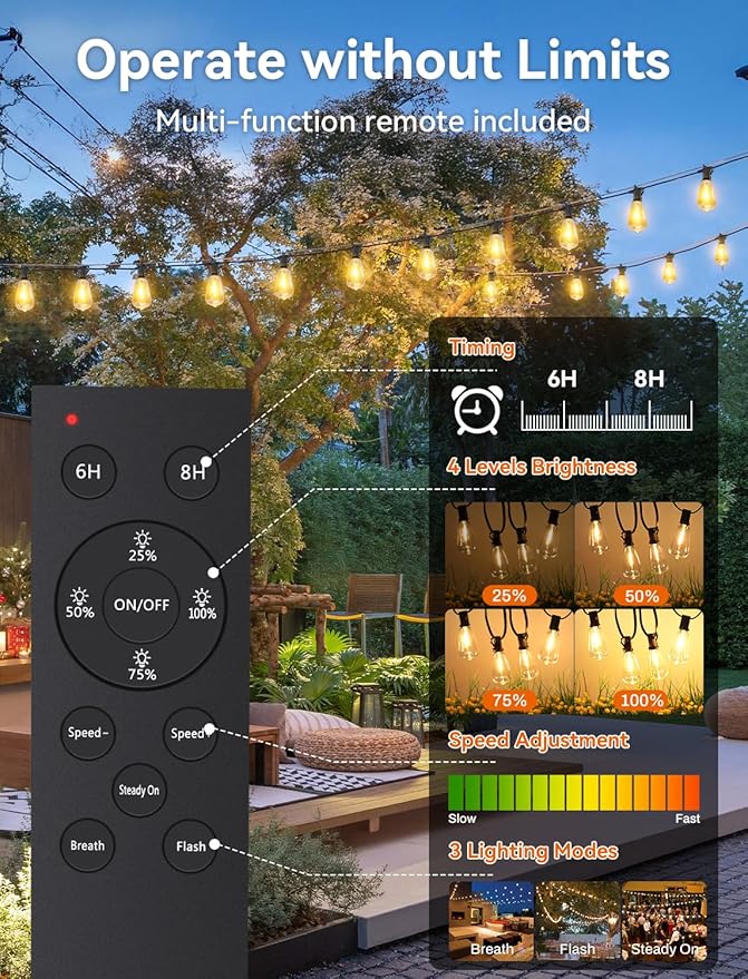 Brightever 36FT Solar String Lights Outdoor Waterproof with Remote, 12+1 Shatterproof ST38 LED Bulbs, Warm White & 3 Lighting Modes, Dimmable Outdoor Solar Lights for Patio, Camping, Party