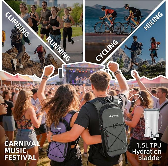Hydration Pack Backpack, Insulated Hiking Water Backpack with 1.5L Water Bladder, Running Hydration Vest Backpack for Men Women, Hydro Daypack for Hiking, Cycling, Climbing, Rave