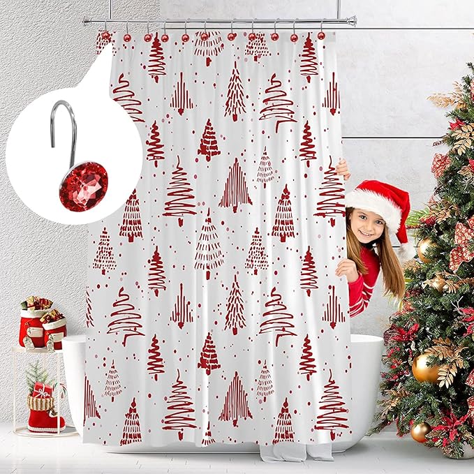 MitoVilla Red Christmas Shower Curtain Hooks Rings, Holiday Shower Hooks for Burgundy Shower Curtain Liner, Xmas Rust Proof Shower Rings for Curtain and Bathroom Shower Rod, 12 Pack Set