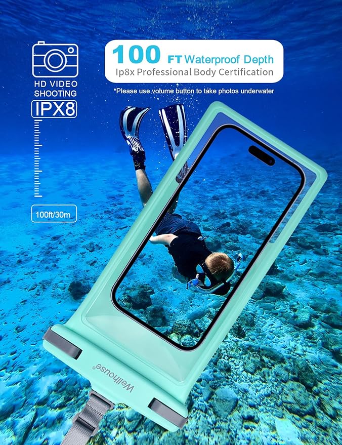 wellhouse Waterproof Phone Pouch, Waterproof Phone Case for iPhone 17 16 15 14 13 Pro Max XS Samsung, IPX8 3D Cellphone Dry Bag Beach Essentials (1 Pack - Crystal Green8.0, 8 inch)