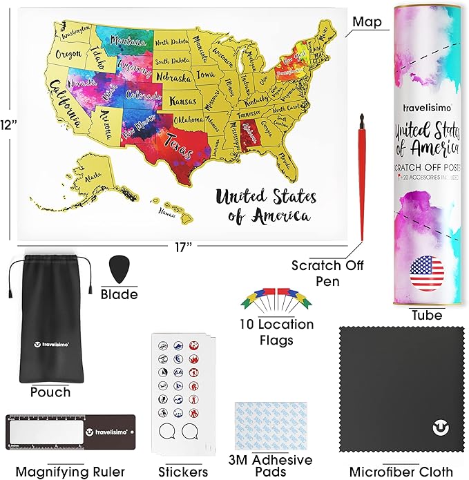 TRAVELISIMO Scratch Off Map of The United States, 12x17 inch Scratch USA with 25 Unique Accessories & Colorful Design, Perfect Scratch Map of United States for Travel, 50 States Travel Tracker