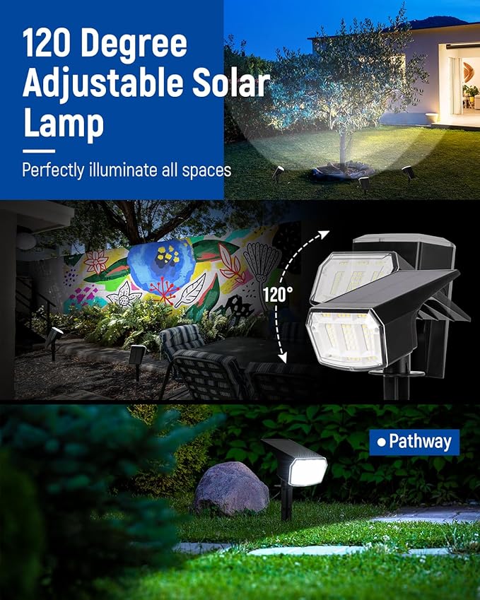 AUDERWIN Solar Lights Outdoor Waterproof IP65, 63 LED 3 Lighting Modes Solar Powered Yard Garden Spot Lights for Outside Landscape- 3 Pack (Cool White)