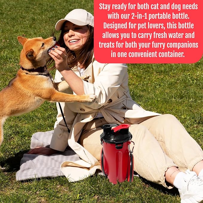 Dog Travel Water Bottle W/Collapsible Bowls - Portable 2 in 1 Leakproof Pet Water Bottle Food Container Ideal for Travel, Outdoor Portable Water Bowls for Walking, Camping & Hiking - (Red)