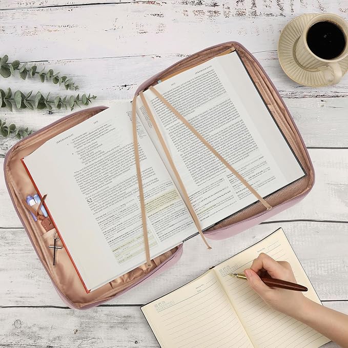 FINDCOZY Bible Cover for Women, Durable Carrying Book Case Church Bag for Biblical Accessories with Handle and Zippered Pocket, for Scriptures, Peach Pink
