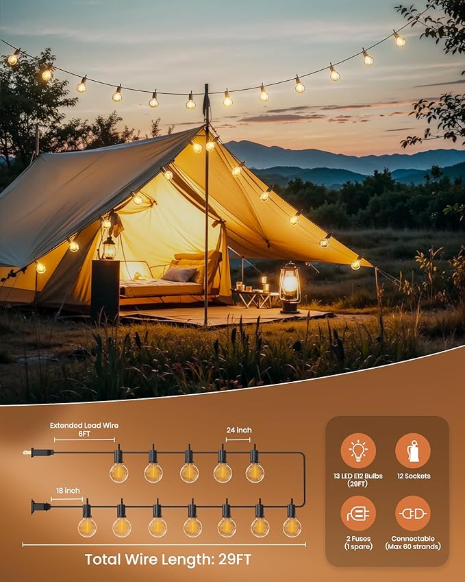 Brightown Outdoor String Lights 29 Feet G40 LED Patio Lights, Plug-in, 13 Plastic Edison Bulbs(1 Spare), Waterproof Connectable Hanging Light for Backyard Porch Balcony Party Decor, E12 Base, Black