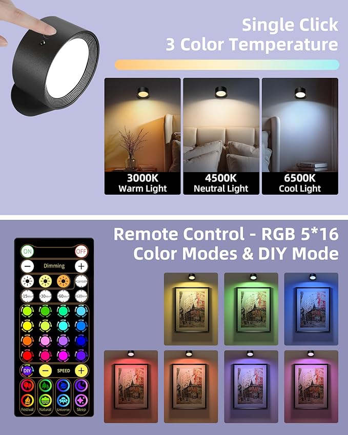 Wall Mounted Lights, 2 Pack Rechargeable RGB Color Changing Light, 3 Color Temps & Remote and Touch, 360° Rotation Dimmable Cordless for Study Bedroom Reading Bedside (Black)