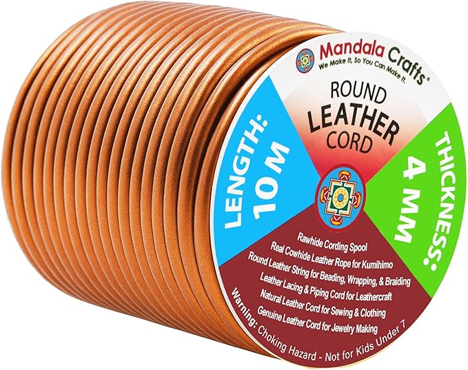Mandala Crafts Round Genuine Copper Leather Cord for Jewelry Making – 4mm Cowhide Leather Rope String Lace for Kumihimo – 11 Yards Cowhide Craft Cording Spool