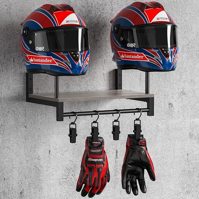 Motorcycle Helmet Holder Wall Mount, Helmet Rack with 4 Glove Clips, Motorcycle Gear Rack Storage, Motorcycle Accessories Organizer for Entryway or Garage