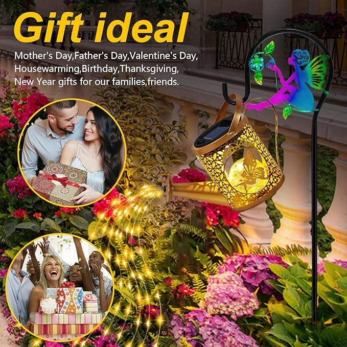 Solar Lights Garden Decorative, Solar Watering Can with Cascading Lights, Waterproof Metal Lantern with Fairy Shepherd Hook, Outdoor Decor for Yard, Patio, Gifts for Mother's Day, Women Mom