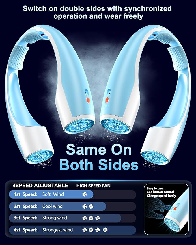 Rohent Rechargeable Neck Fan for Cooling: Powerful High Speed Battery Operated Fan 4 Speeds Long Battery Life - Lightweight USB Rechargeable Wearable Fan for Outdoor Indoor - Blue