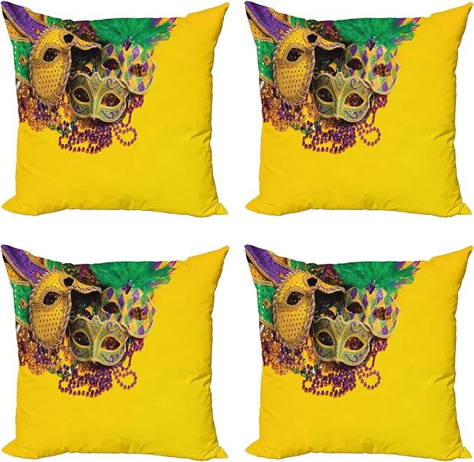 Ambesonne Mardi Gras Decorative Throw Pillow Case Pack of 4, Colorful Group of Venetian Carnivals Accessories, Cushion Cover for Couch Living Room Car, 16", Purple Yellow