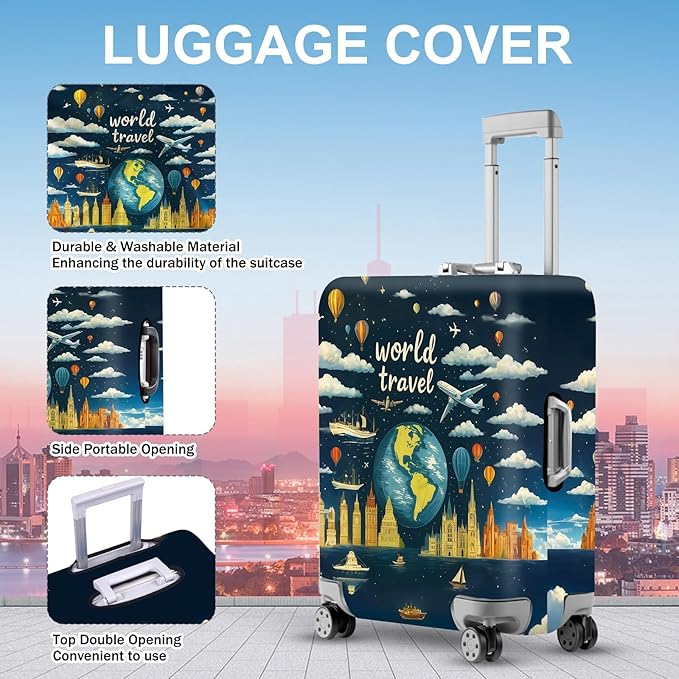 ANNA QUEEN World Travel Luggage Cover, Adventure Theme Suitcase Protector, Stretchable Washable Cover for 24-26 Inch Luggage