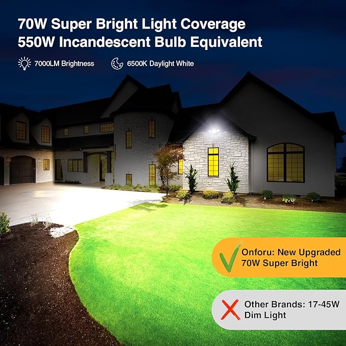 Onforu 70W LED Dusk to Dawn Flood Lights, 7000LM Brown Exterior Security Outdoor Lighting,IP65 Waterproof Outdoor 3 Adjustable Heads Photocell Light Fixture,6500K Floodlight for Garage,Patio,Yard