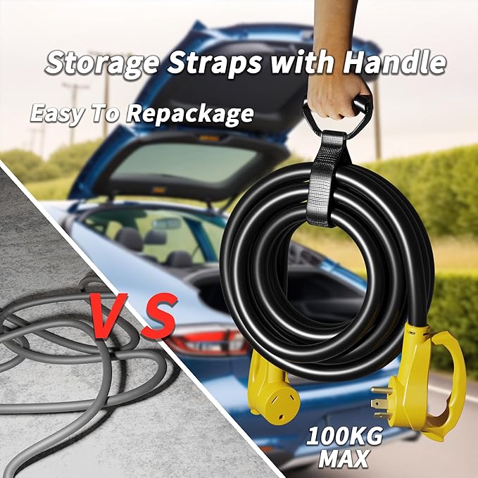 PlugSaf 15 FT 30 Amp RV Extension Cord Outdoor with Grip Handle, Flexible Heavy Duty 10/3 Gauge STW RV Power Cord Waterproof with Cable Organizer, NEMA TT-30P to TT-30R, Black-Yellow, ETL Listed